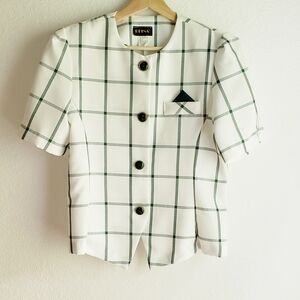 Reina Blouse Blazer with Oversized Gold and Green Buttons Short Sleeved Med